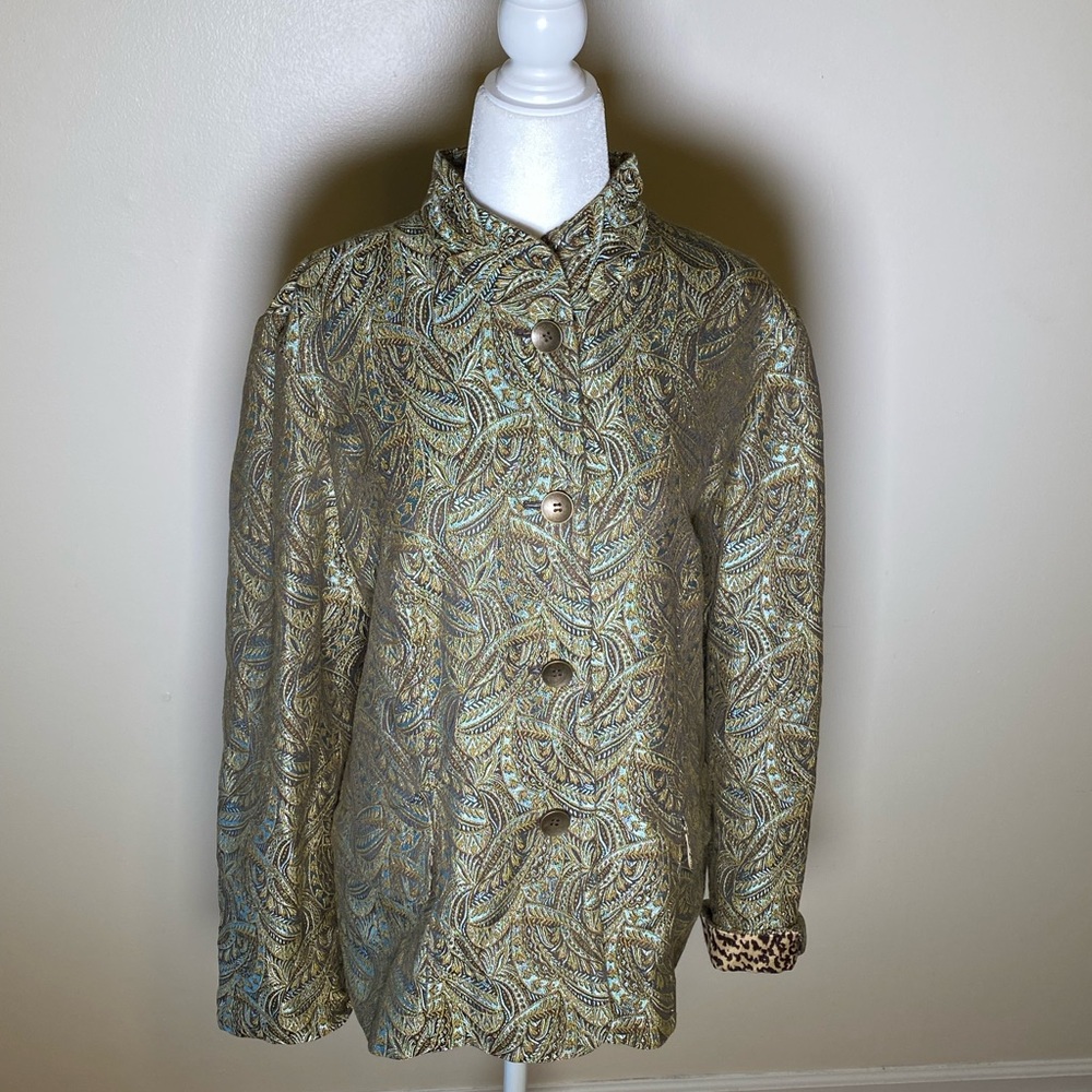 Chico’s Blue, Brown, Gold jacquard paisley blazer lined size 2 Large